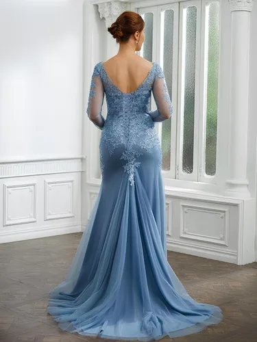 Miniatura 4 de Vestidos de fiesta de sirena para mujer, con apliques de encaje, tul de manga larga, vestido de noche formal