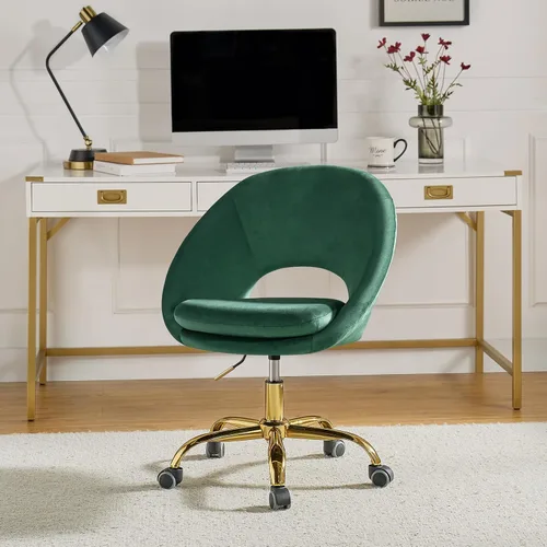 Miniatura 9 de TINA'S HOME Silla de oficina moderna de terciopelo con giro ajustable, cómoda silla de escritorio tapizada con respaldo abierto, pequeña y bonita