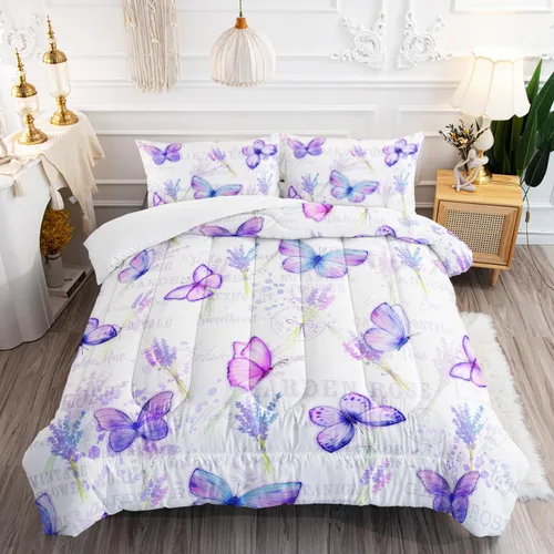 Miniatura 2 de Juego de edredón de mariposa tamaño individual para niñas, niños y adultos, juego de ropa de cama con patrón de flores de lavanda, juego de cama