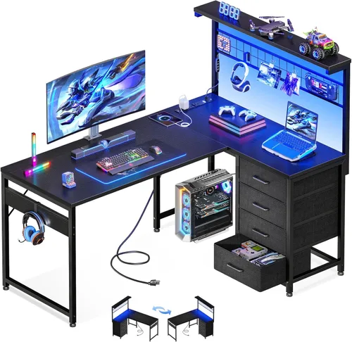MOTPK Escritorio para juegos en forma de L de 43 pulgadas para habitaciones pequeñas, mesa de computadora de esquina compacta con estante y Negro