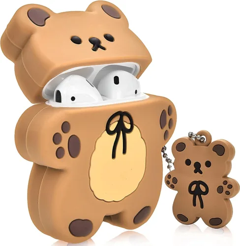 Miniatura 8 de Lindas fundas para AirPods con llavero de oso de dibujos animados, diseño de oso de galleta, funda de silicona protectora completa compatible