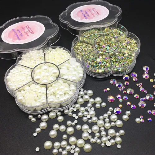 Miniatura 2 de Diamantes de imitación con parte trasera plana, medias perlas, cuentas para manualidades y piedras gemas, diamantes de imitación de tamaño mixto