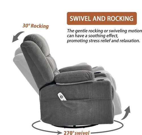 Miniatura 3 de Ketaiyou Silla reclinable giratoria para adultos con masaje y calor, portavasos y bolsillos laterales, sillón reclinable para sala de estar (gris DK)