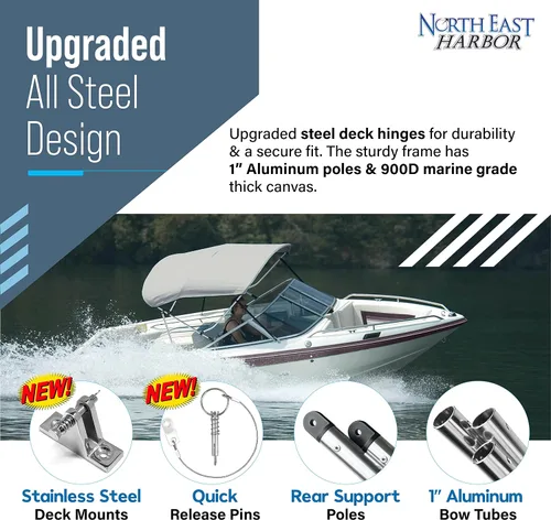 Miniatura 7 de NEH - Bimini Tops de 3 lazos para barcos, postes de apoyo, lona marina 900D a prueba de decoloración, funda de almacenamiento universal para pontón