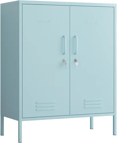 Miniatura 10 de Armario de almacenamiento de metal con cerradura de 2 puertas, 3 niveles, resistente, multifuncional con estantes extraíbles, fácil montaje, ideal