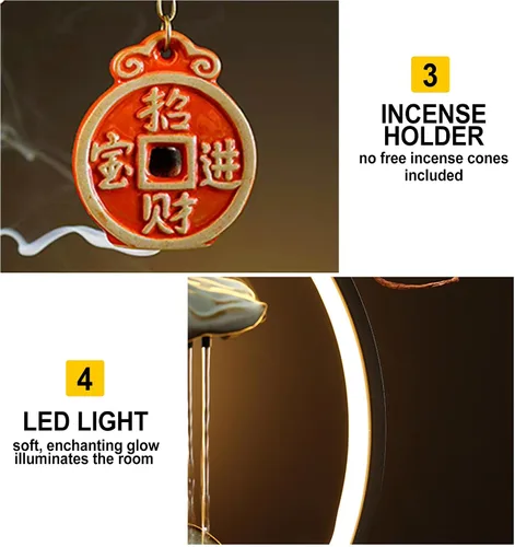 Miniatura 5 de Fuente interior de mesa con grúa, fuente de cascada, quemador de incienso, decoración de Feng Shui para buena suerte, fuente de cerámica con luz