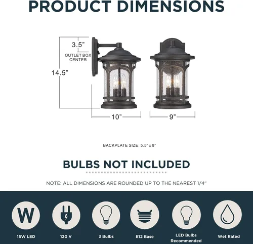 Miniatura 3 de Quoizel MBH8409PN - Aplique de pared para exteriores, 3 luces, 180 vatios, bronce paladiano (15 pulgadas de alto x 9 pulgadas de ancho)