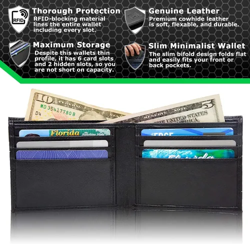 Miniatura 2 de Cartera RFID de cuero genuino plegable con 6 ranuras - Carteras protectoras para hombre, Negro