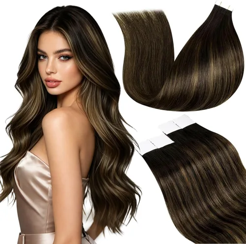 Miniatura 29 de LaaVoo Extensiones adhesivas de cabello humano real, color negro azabache, extensiones de cabello humano liso y sedoso, 10 pulgadas, 20