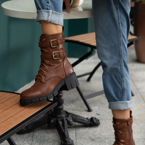 Miniatura 5 de Tobfis Botas de combate para mujer con hebilla lateral y tacón grueso, Negro, 0
