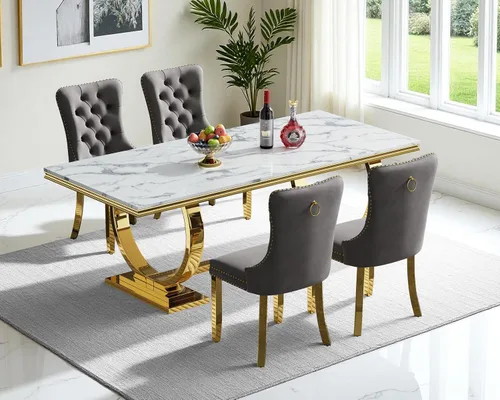 Miniatura 35 de Juego de mesa de comedor de mármol para 4, mesa de cocina rectangular de mármol blanco de 70 pulgadas con base en O de acero inoxidable dorado