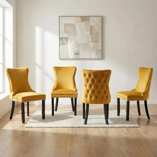 OVENTA Juego de 4 sillas de comedor modernas tapizadas con respaldo completo, sillas de comedor de terciopelo dorado con patas de madera maciza,
