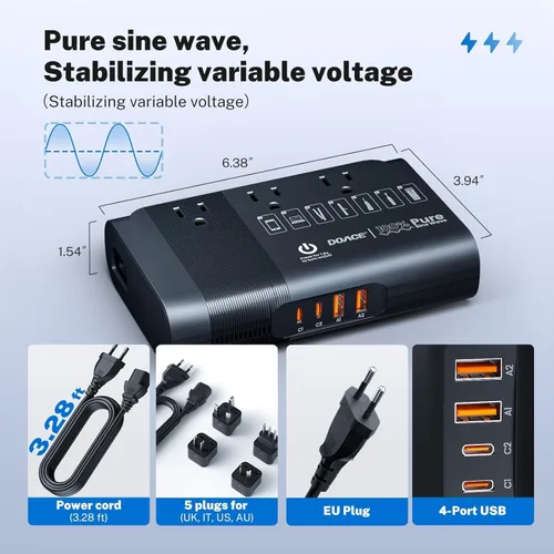 Miniatura 4 de DOACE Convertidor de voltaje de viaje de 500 W, transformador reductor de onda sinusoidal pura de 220 V a 110 V para viajes internacionales, Europa
