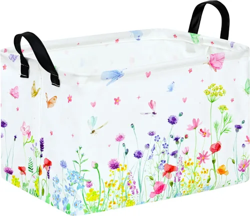 Cesta de almacenamiento para bebé, caja de guardería, cesta de lavandería, cubos de organización para juguetes y ropa con asas (flor azul)