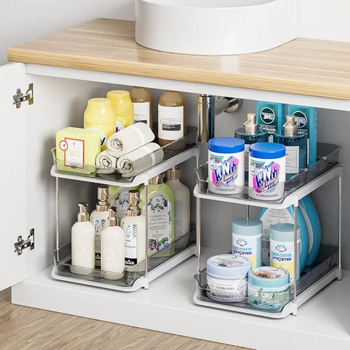 Miniatura 20 de Delamu - Organizadores y almacenamiento de 2 niveles para debajo del fregadero del baño, multiuso, apilables, organización de cocina y despensa