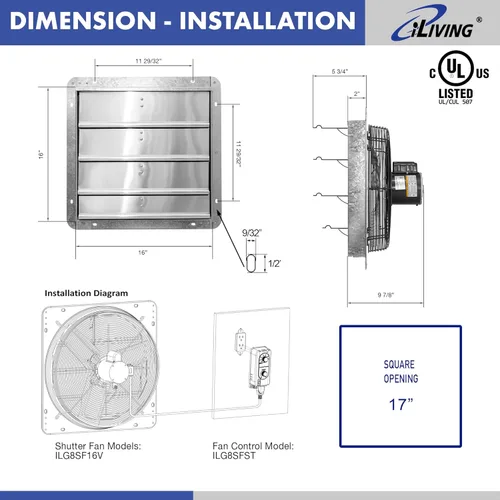 Miniatura 5 de iLIVING Ventilador Extractor de Persiana Montado en la Pared de 16 pulgadas, Persiana Automática, con Termostato y Controlador de Velocidad