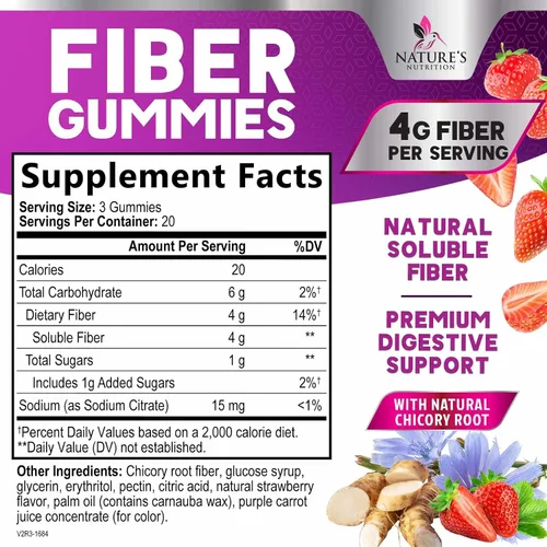 Miniatura 2 de Gomitas de fibra para adultos – Fibra soluble 0.14 oz por porción – Suplemento de fibra prebiótica a base de plantas para salud digestiva, salud
