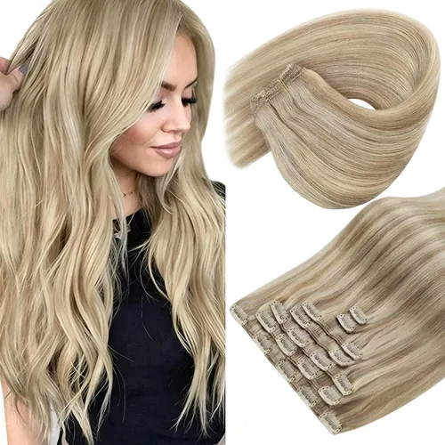 Sunny Hair - Extensiones de clip de cabello humano real - rubio dorado con reflejos rubio claro - 24 pulgadas, 7 unidades, 4.23 onzas
