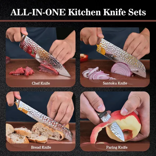 Miniatura 5 de Juego de cuchillos para cocina, juego de cuchillos de diseño martillado de 15 piezas con bloque y afilador, cuchillos de chef de acero inoxidable