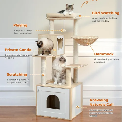 Miniatura 2 de Árbol alto para gatos con recinto para caja de arena de 56.7" Torre de madera para gatos para gatos grandes con hamaca casa cama para gatos