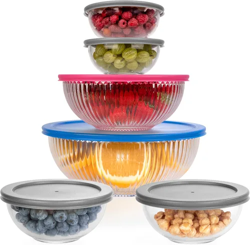 Miniatura 12 de Juego apilable de 5 cuencos de vidrio anidados para ahorrar espacio con tapas de bambú para preparación de alimentos, almacenamiento, horneado