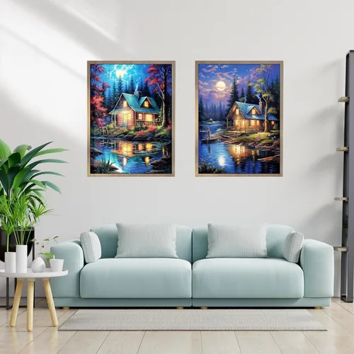Miniatura 5 de YOYA Paquete de 2 Kits de Pintura de Diamantes de Cabaña de Troncos para Adultos, Kits de Arte de Diamantes 5D de Cabaña del Lago para Adultos, Kit