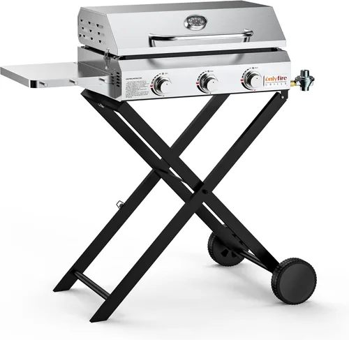 ONLYFIRE GRILLS Plancha portátil de gas propano de 3 quemadores con carrito plegable y mesa auxiliar, parrilla de gas plana con tapa, para cocinar