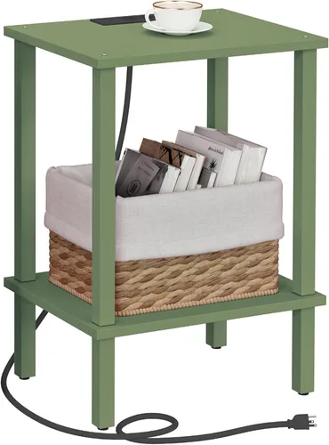 Miniatura 19 de TUTOTAK Mesa auxiliar con estación de carga, pequeña mesa auxiliar con tomas de corriente, mesita de noche, mesa de cabecera, estante de Gris beige