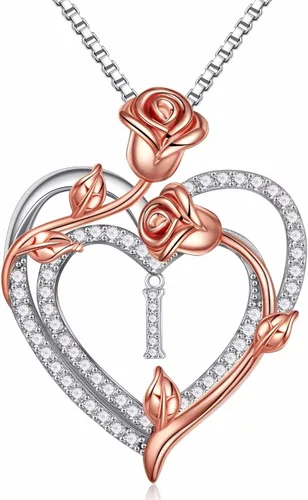 Iefil Regalos para el día de la madre, collar con colgante de corazón de rosa de plata de ley 925 con letra inicial para mujer, día de San Valentín,