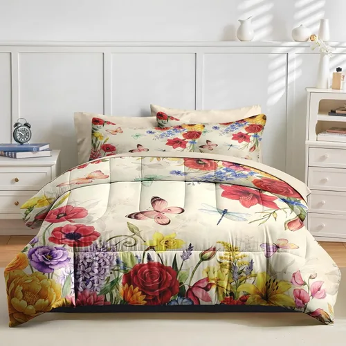 Miniatura 2 de Nesker Juego de edredón de primavera de 5 piezas, tamaño individual, juego de ropa de cama floral con mariposas para niños y adultos, juego