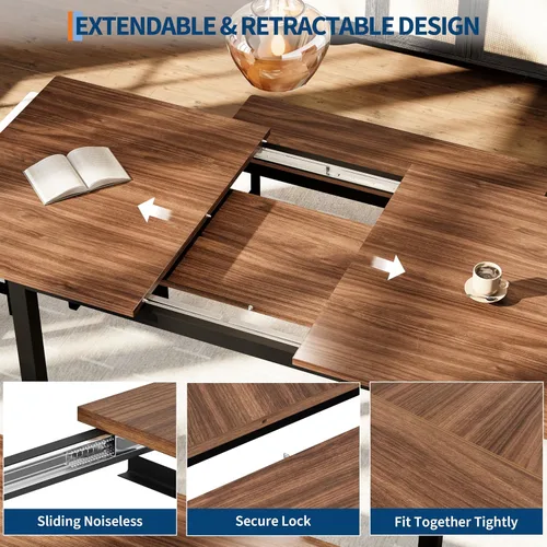 Miniatura 5 de GarveeHome juego de mesa de comedor de 5 piezas para 4-8 personas, mesa de cocina grande extensible de 63 pulgadas con 2 bancos y 2 taburetes Marrón