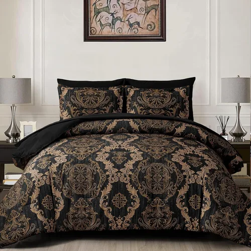 WONGS BEDDING - Juego de edredón negro tamaño full, textura damasco dorado, juego de 7 piezas en una bolsa, de microfibra - 1 edredón, 1 sábana