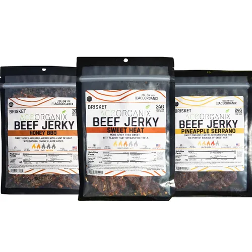 Miniatura 14 de Ace Organix Bocadillo de carne seca prémium de pechuga, varios sabores, fabricado en Estados Unidos (paquete variado de 5 sabores)