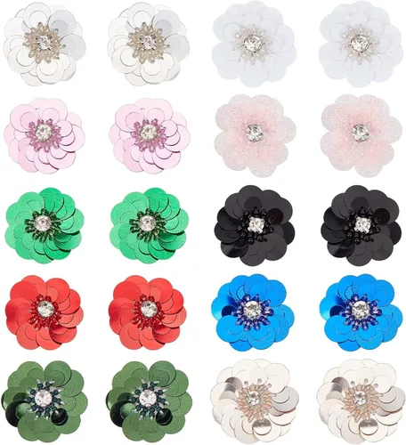 GORGECRAFT 20 piezas de 10 colores de flores de lentejuelas de 1.2 pulgadas, apliques de cuentas de cristal para coser en tela, parches de diamantes