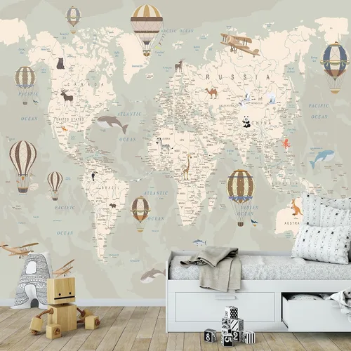 Papel tapiz de mapa del mundo para niños con animales, calcomanías educativas para despegar y pegar, murales de guardería para bebés, niños