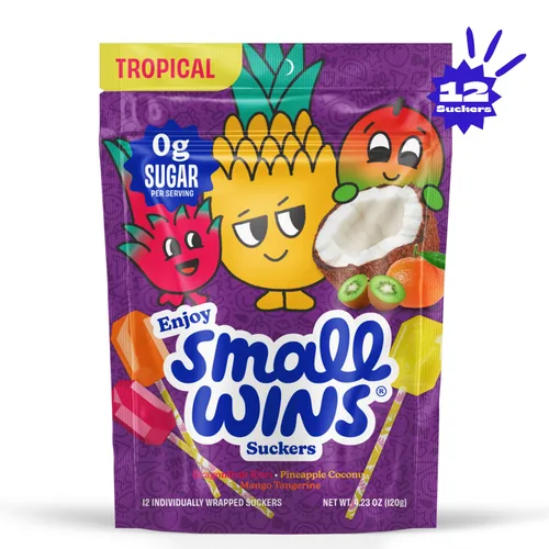 Enjoy Small Wins Candy by Jayson Tatum - Paletas tropicales sin azúcar, ventosas veganas saludables, aperitivos bajos en calorías a base de plantas,