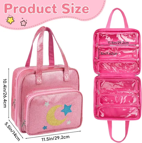 Miniatura 7 de Estuche de transporte para muñecas compatible con muñecas LOL Surprise, bolsa de almacenamiento de juguetes de viaje colgantes con 6 bolsillos Rosa