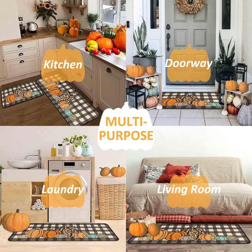 Miniatura 6 de Juego de 2 alfombras y tapetes de cocina de otoño, alfombras de cocina de Acción de Gracias, con respaldo antideslizante, decoraciones de otoño
