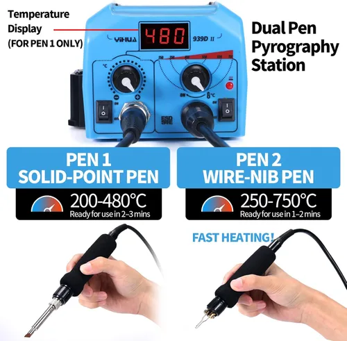 Miniatura 2 de YIHUA 939D-II Pluma de Pirografía Kit de Quema de Madera Estación 2-en-1 Punta Sólida 200~480°C (con Pantalla de Temperatura)/Punta de Alambre Azul