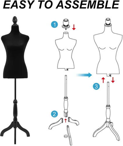 Miniatura 7 de BLKMTY Maniquí femenino con forma de torso, maniquí de costura, altura del cuerpo, ajustable, modelo de vestido con base de trípode, para costura