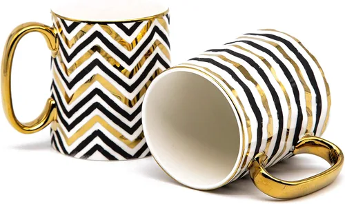 KooK Tazas de café, juego de tazas de café, tazas negras y doradas, porcelana, tazas de té con asas, diseño geométrico con detalles dorados Curved