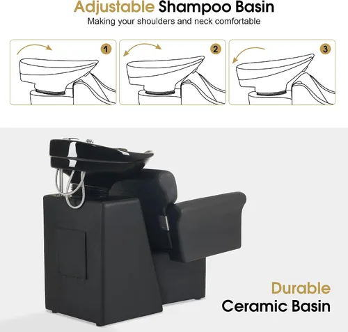 Miniatura 4 de BarberPub Silla de estación de champú negra para estilista, champú retrolavado de cerámica y juego de sillas para salón, salón en casa, barbería 9104