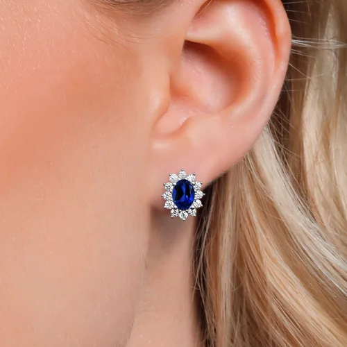 Miniatura 3 de Gem Stone King Aretes ovalados de plata de ley 925 de 0.276 x 0.197 in con piedra natal de la princesa Diana, estilo halo real para mujeres