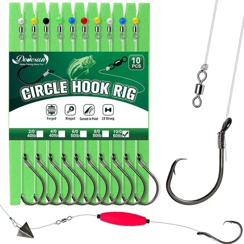 Miniatura 12 de Dovesun 10 piezas de anzuelos pre-ensartados para bagre, anzuelos circulares/de pulpo para bagre, anzuelos circulares offset para pesca de agua