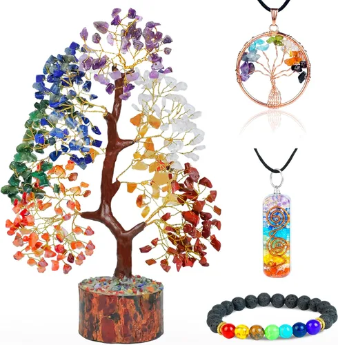 Árbol de la vida de los siete chakras con cristales con pulsera y 2 colgantes – Decoración de bonsái Feng Shui con cristales curativos, regalos