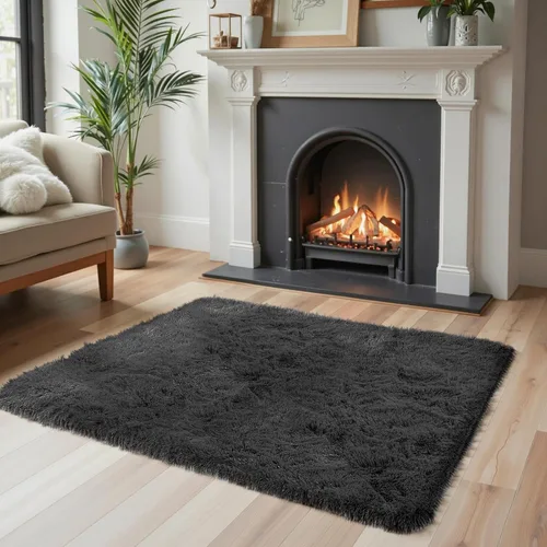 Miniatura 2 de Alfombras pequeñas de 2 x 3 pies, alfombra negra para dormitorio, alfombra moderna de pelo largo, alfombra pequeña, alfombra de noche esponjosa