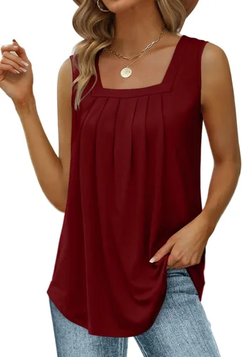 Miniatura 171 de Saloogoe - Camisetas sin mangas veraniegas para mujeres, plisadas con cuello cuadrado y dobladillo curvado, blusas de ajuste holgado con movimiento