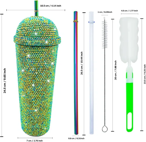 Miniatura 5 de Vaso de 24 onzas con diamantes de imitación hechos a mano con tachuelas, botella de agua reutilizable de plástico con doble pared con tapa y pajitas