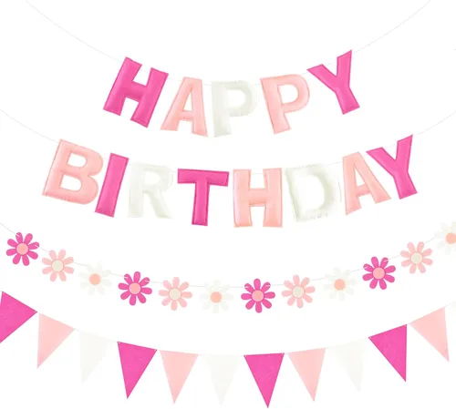 Miniatura 9 de CANREVEL Pancarta de Feliz Cumpleaños 3D Pre-enhebrada, 3 PIEZAS Guirnalda de Fieltro Negro Feliz Cumpleaños, Guirnalda de Pompones, Banderines