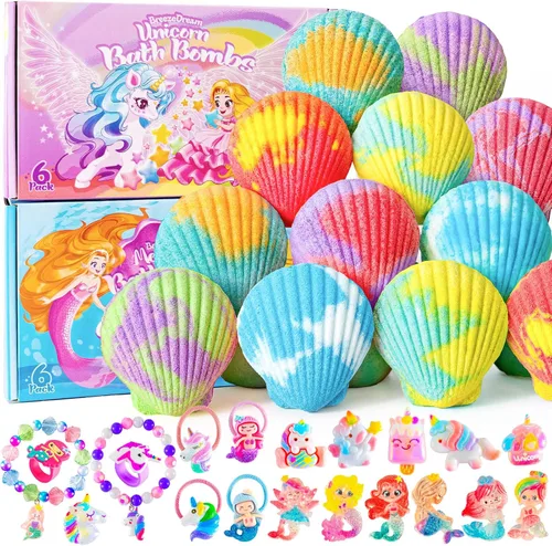 Bombas de baño Shell para niñas, paquete de 12 bombas de baño de aromaterapia seguras para niños con 20 juguetes sorpresa en el interior, 6 aromas